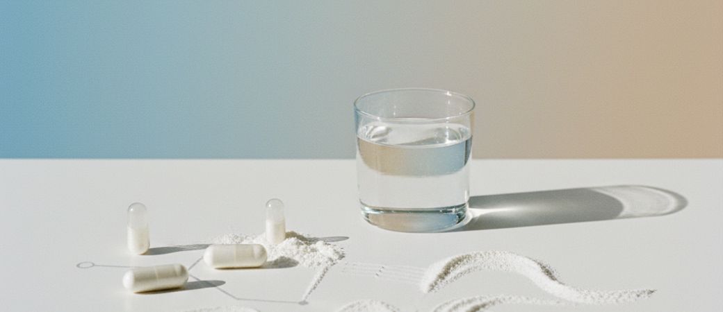 Suplementacja L-argininy: kilka białych kapsułek i proszku argininy na białym blacie obok szklanki czystej wody.