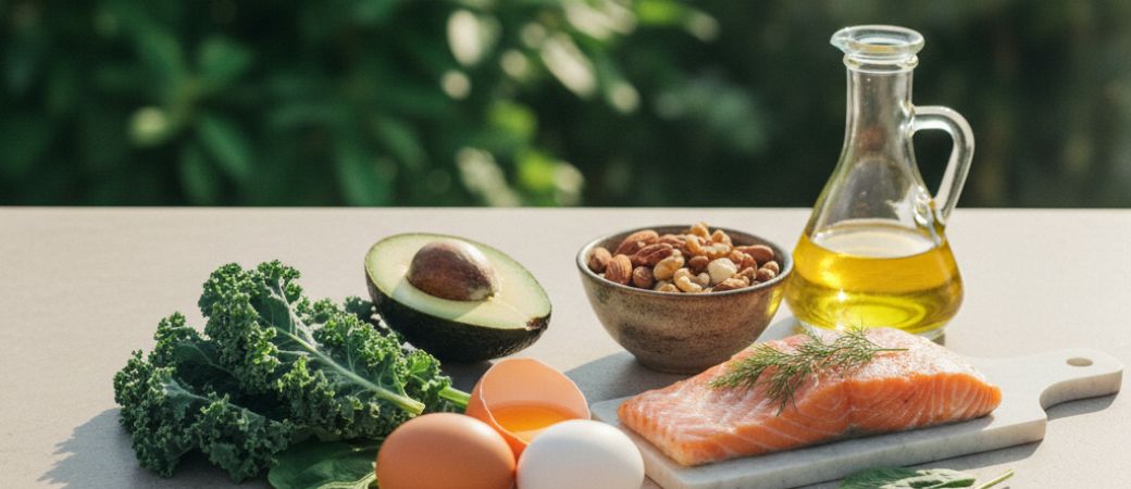 Tłuszcz i białko w diecie niskowęglowodanowej: świeży łosoś, awokado, jajka, orzechy, jarmuż i oliwa z oliwek na stole na zewnątrz.
