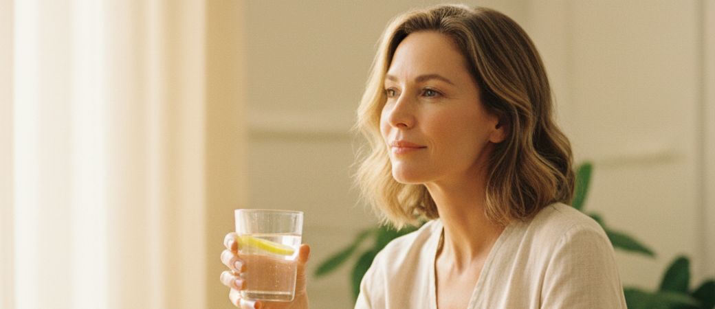 Kobieta pije wodę z cytryną, dbając o nawodnienie i anti-aging. Na stole obok niej miska świeżych owoców, symbolizująca zdrową dietę.