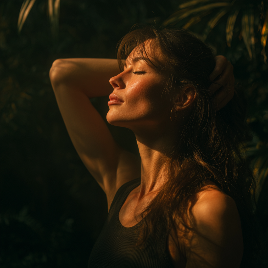 Ujęcie kobiety w złotym słońcu na tle ciemnej zieleni. Ma zamknięte oczy i uniesioną twarz, z ręką na tyle głowy. Światło podkreśla jej profil. Obraz wyróżniający dla kategorii Potrzeby.