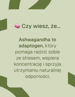 Infografika z napisem „Czy wiesz, że… Ashwagandha to adaptogen wspierający koncentrację i odporność”.