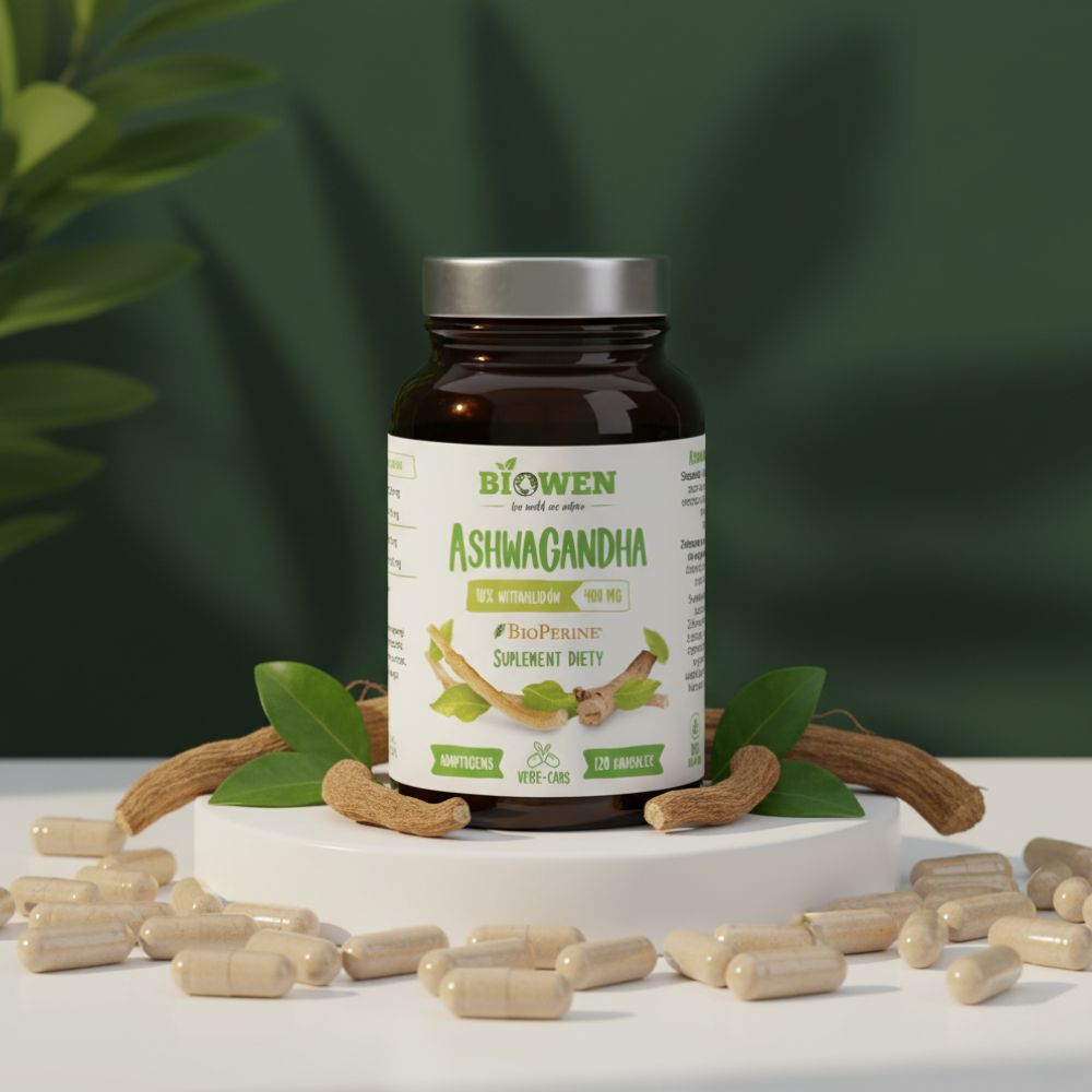 Słoiczek Biowen Ashwagandha 400 mg 120 kapsułek otoczony kapsułkami, korzeniami i liśćmi na jasnym tle.