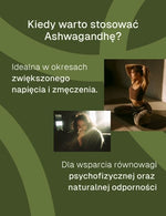 Infografika o stosowaniu ashwagandhy z tekstem o zmęczeniu i równowadze psychofizycznej oraz zdjęciami kobiet.