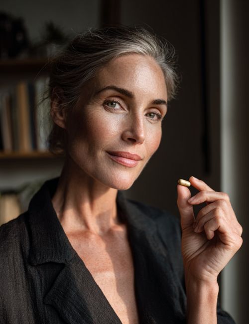 Kobieta trzyma pojedynczą kapsułkę Ashwagandha 400 mg Biowen. Suplement na stres, relaks i dobre samopoczucie.