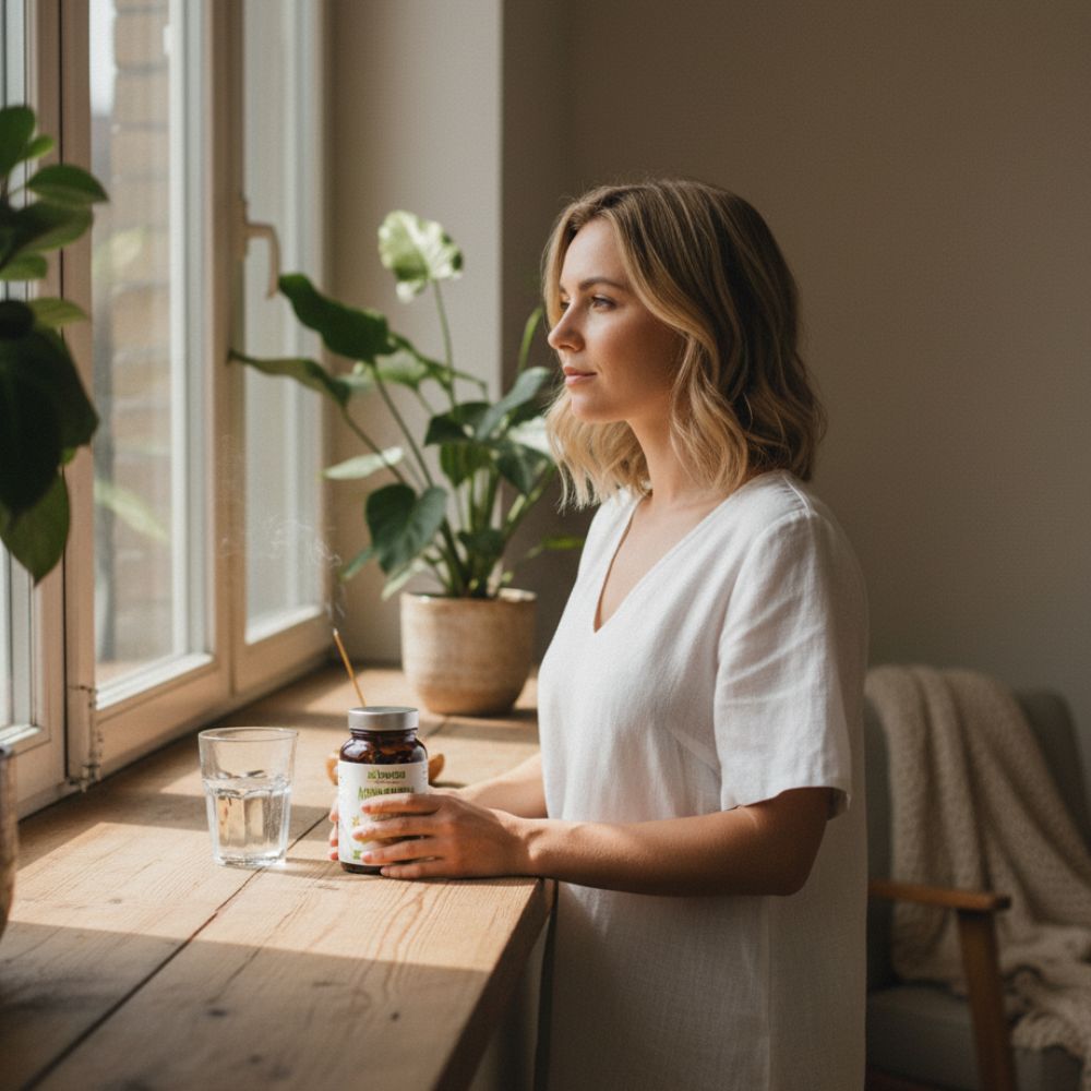 Kobieta w jasnym wnętrzu opiera się o blat z słoiczkiem Biowen Ashwagandha i szklanką wody przy oknie.