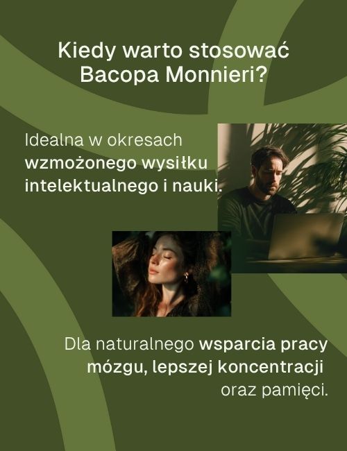 Infografika: Kiedy stosować Bacopa Monnieri? Idealna na wysiłek intelektualny, naukę, poprawę koncentracji i pamięci.