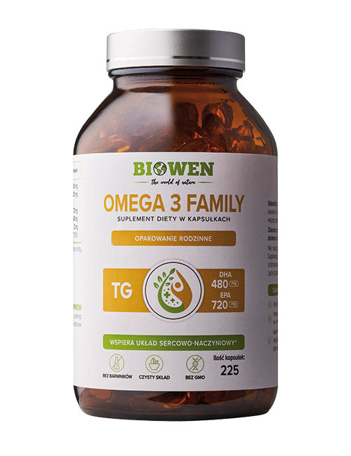 Słoiczek Biowen Omega 3 Family TG 225 kapsułek z etykietą informującą o wsparciu układu sercowo-naczyniowego.