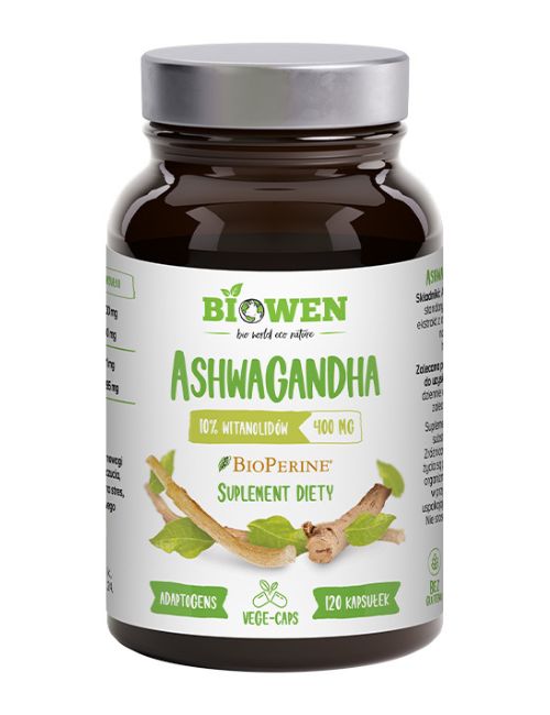 Słoiczek Biowen Ashwagandha 400 mg 120 kapsułek z etykietą informującą o zawartości witanolidów i BioPerine.