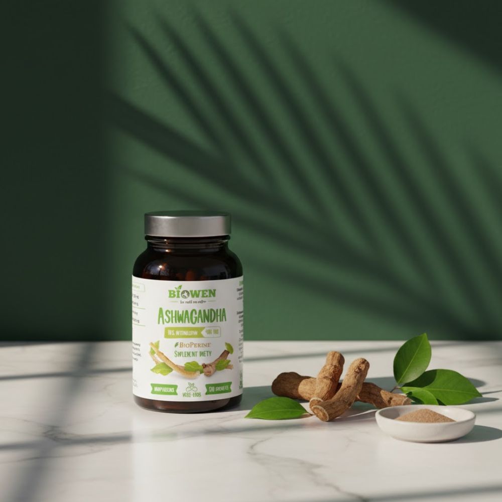 Suplement Biowen Ashwagandha ustawiony obok korzeni, liści i miseczki z proszkiem w naturalnym świetle.