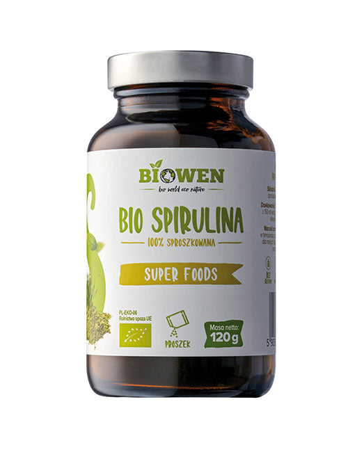 Słoiczek suplementu Bio Spirulina Biowen 120 g w proszku z zieloną etykietą Super Foods.