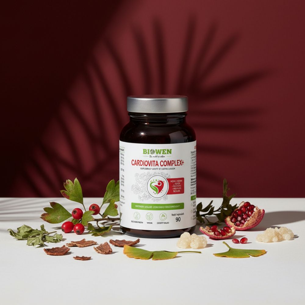 Suplement Biowen Cardiovita Complex+ 90 kapsułek otoczony owocami głogu, granatu, liśćmi.