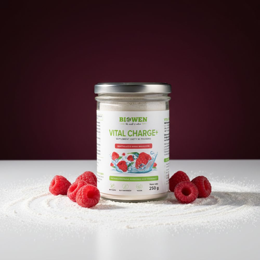 Słoik suplementu Elektrolity Vital Charge+ Biowen malinowe na białym tle z owocami malin obok