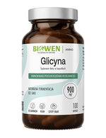 Glicyna Biowen 900 mg, suplement diety w kapsułkach, 100 kapsułek w brązowym szklanym opakowaniu.