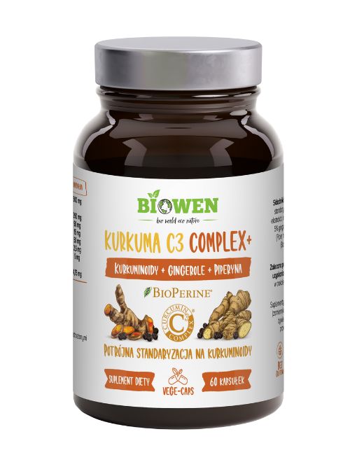 Opakowanie Kurkuma C3 Complex+ Biowen 60 kapsułek z grafiką korzenia kurkumy i informacją o potrójnej standaryzacji.