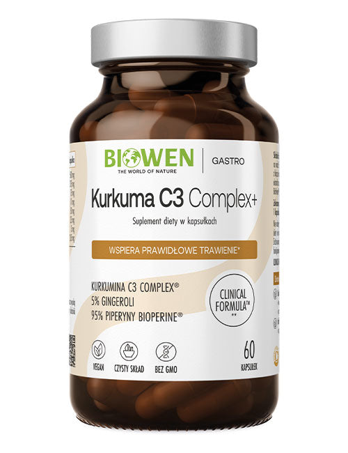 Kurkuma C3 Complex+ Biowen Gastro – suplement diety w kapsułkach, 60 kapsułek, formuła kliniczna z kurkuminą C3 Complex, 5% gingeroli i 95% piperyny Bioperine, vegan, czysty skład, bez GMO
