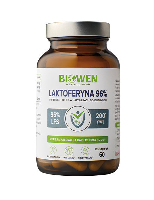 Słoiczek Biowen Laktoferyna 96% 60 kapsułek z etykietą informującą o wsparciu naturalnej bariery organizmu.