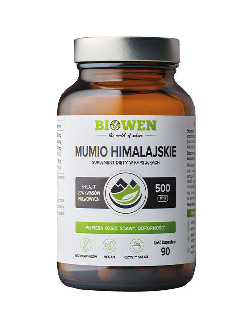 Słoik suplementu diety Mumio himalajskie Biowen 90 kapsułek na białym tle.