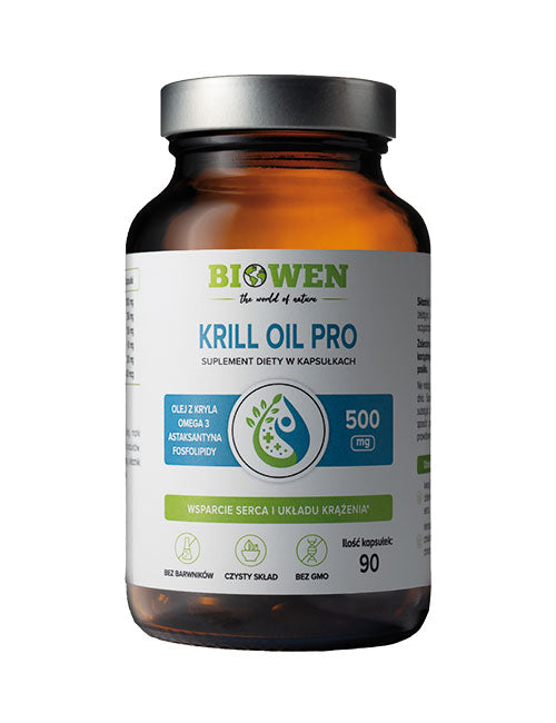 Szklany słoiczek Olej z kryla Krill Oil Pro Biowen 90 kapsułek z zielono-niebieską etykietą i srebrnym wieczkiem.