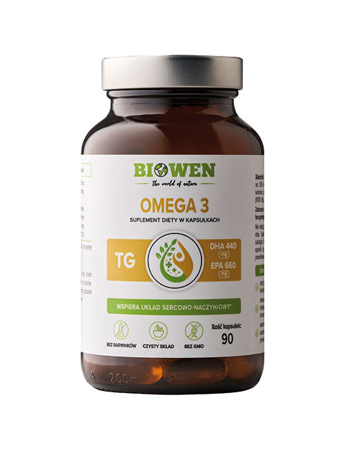 Opakowanie Omega 3 Biowen 90 kapsułek z informacją o zawartości DHA i EPA oraz czystym składem.