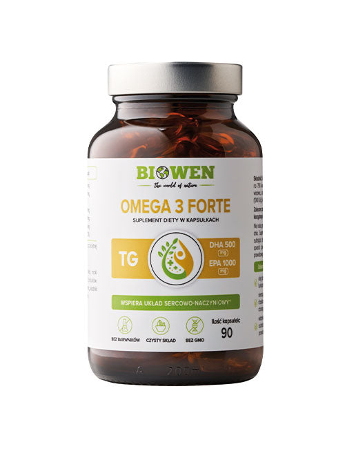 Opakowanie Omega 3 Forte Biowen 60 kapsułek z informacją o zawartości DHA i EPA oraz czystym składem.