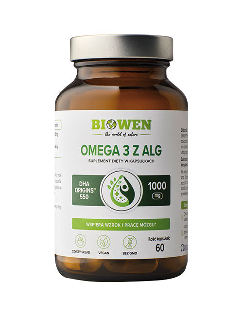 Opakowanie Omega 3 z alg Biowen 60 kapsułek z informacją o zawartości DHA i czystym składzie.