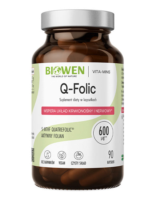 Q-Folic Biowen 600 µg, suplement diety z aktywnym folianem 5-MTHF Quatrefolic, opakowanie 90 kapsułek.