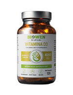 Opakowanie suplementu Witamina D3 Biowen 120 kapsułek w brązowej butelce z metalową nakrętką.