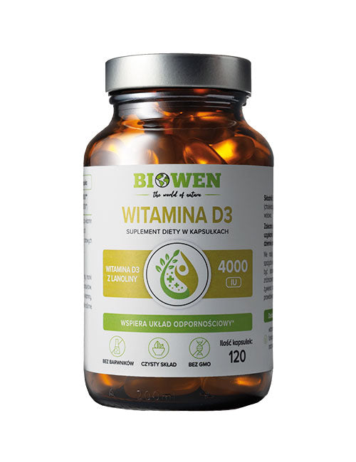 Opakowanie suplementu Witamina D3 Biowen 120 kapsułek w brązowej butelce z metalową nakrętką.
