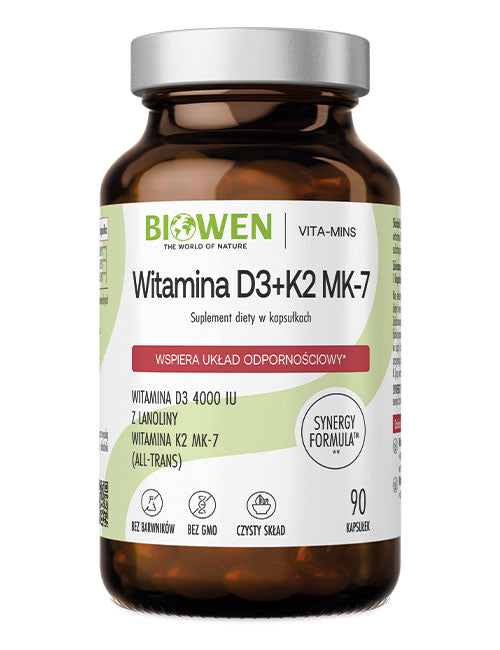 Suplement diety Biowen Witamina D3+K2 MK-7 4000 IU w kapsułkach w brązowym szklanym opakowaniu na białym tle
