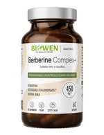 Suplement diety Biowen Berberine Complex+ 450 mg w kapsułkach w brązowym szklanym opakowaniu na białym tle