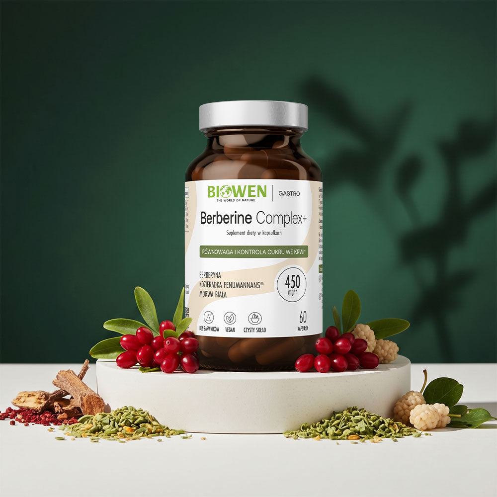 Suplement diety Biowen Berberine Complex+ 450 mg w szklanym opakowaniu z berberyną, morwą białą i naturalnymi składnikami na zielonym tle