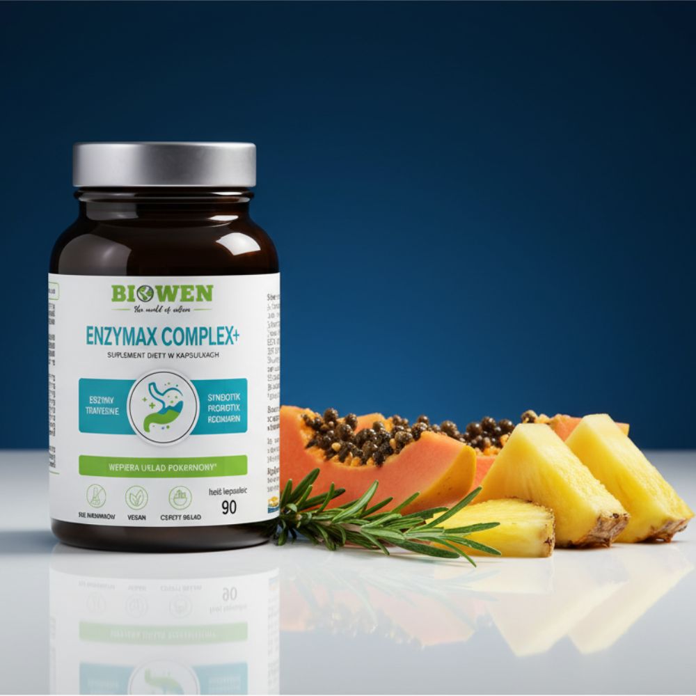 Słoiczek Biowen EnzyMax Complex+ 90 kapsułek obok ananasa, papai i gałązki rozmarynu