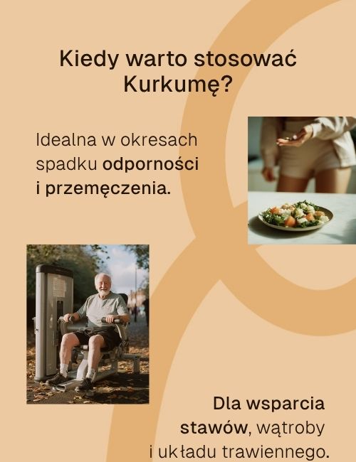Grafika o stosowaniu Kurkuma C3 Complex+ Biowen w okresach zmęczenia i dla wsparcia stawów oraz wątroby.