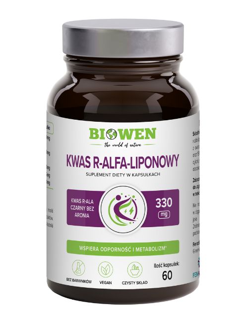 Suplement Biowen Kwas R-Alfa-Liponowy 330 mg w brązowym słoiku 60 kapsułek.
