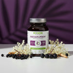 Kwas R-Alfa-Liponowy 330 mg Biowen otoczony owocami czarnego bzu i kwiatami.