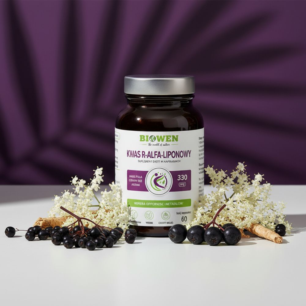 Kwas R-Alfa-Liponowy 330 mg Biowen otoczony owocami czarnego bzu i kwiatami.