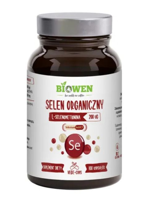 Szklane opakowanie suplementu Selen Organiczny Biowen 100 kapsułek.