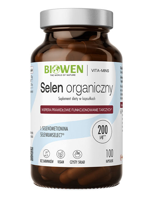 Opakowanie suplementu diety Selen organiczny Biowen 200 µg, 100 kapsułek, na białym tle.