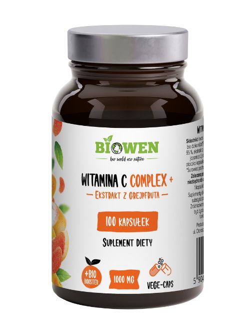 Słoiczek suplementu Biowen Witamina C Complex+ 100 kapsułek z ekstraktem z grejpfruta.