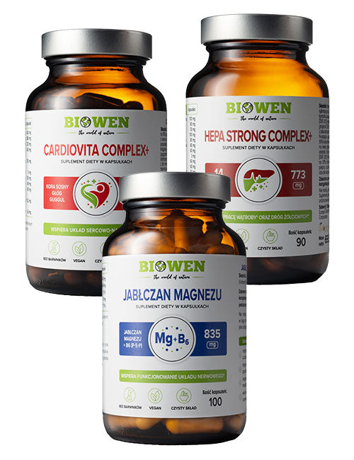 Suplementy z zestawu dla taty Biowen (Cardiovita, HepaStrong, Jabłczan Magnezu)