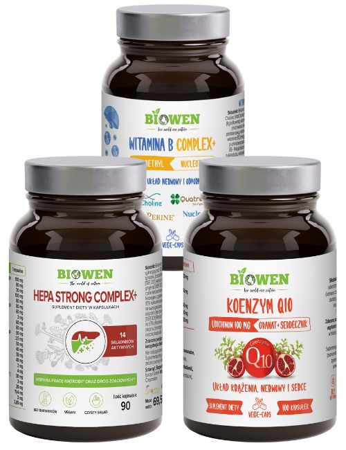 Suplementy Biowen wspierające wątrobę, układ nerwowy i serce: Hepa Strong Complex+, Witamina B Complex+, Koenzym Q10.