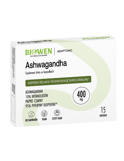 Ashwagandha Biowen Adaptonic – suplement diety w kapsułkach z 10% witanolidów i BioPerine, 15 kapsułek