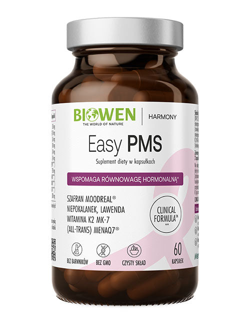 Suplement diety Easy PMS Biowen w kapsułkach – szklana butelka na jasnym tle, wsparcie równowagi hormonalnej, 60 kapsułek