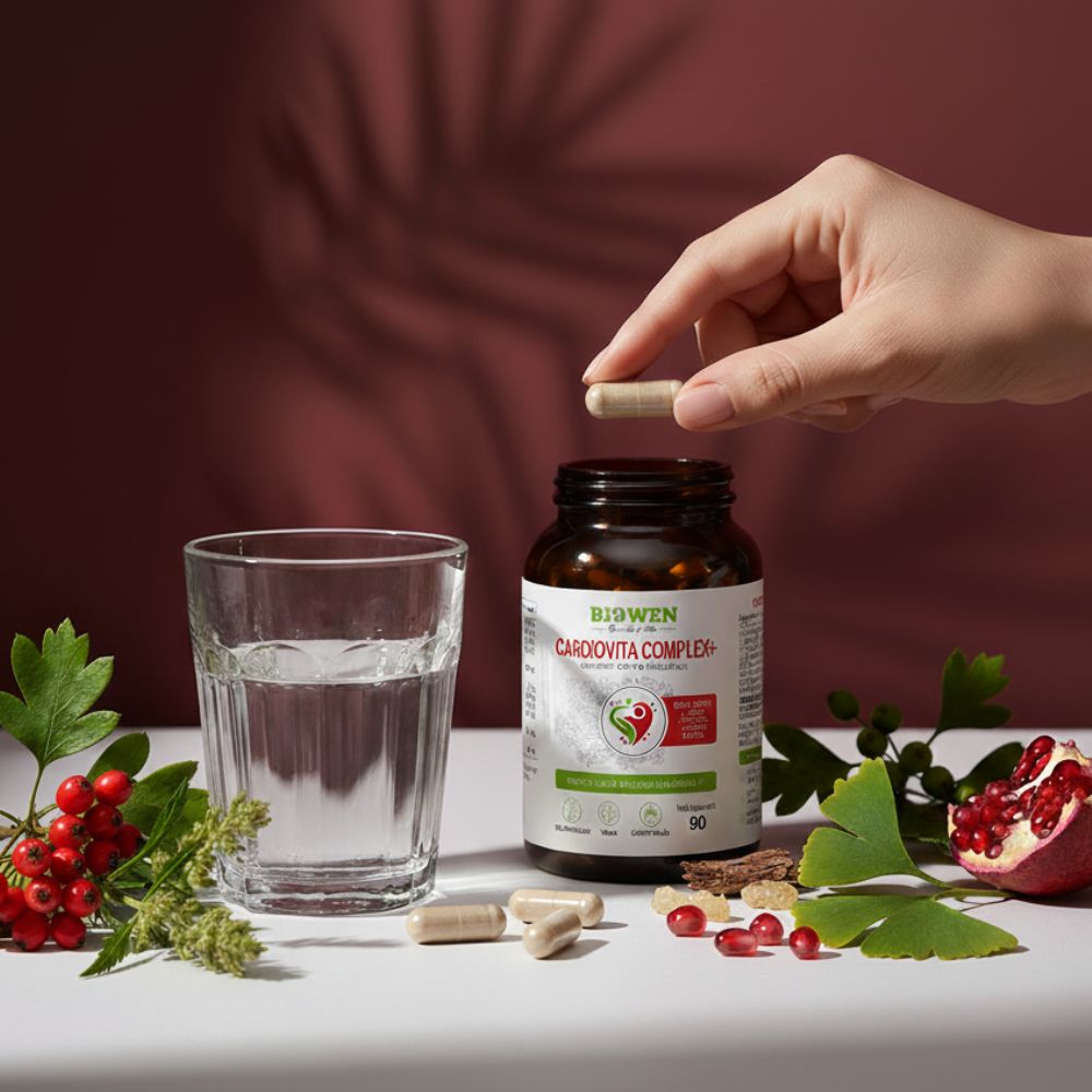 Kapsułka Biowen Cardiovita Complex+ trzymana nad otwartym słoiczkiem suplementu obok szklanka z wodą, granat i liście głogu w kadrze.