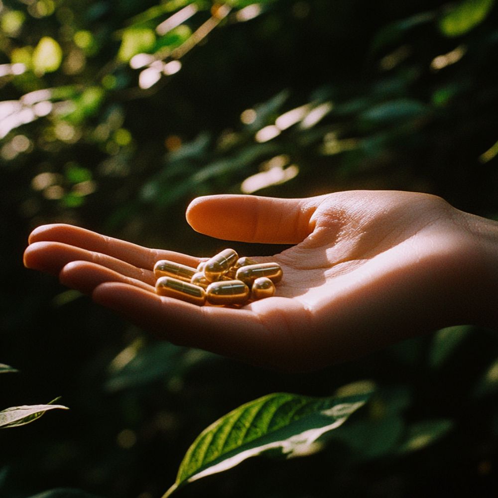 Kapsułki suplementu diety Biowen Chaga trzymane w dłoni w naturalnym świetle wśród roślin