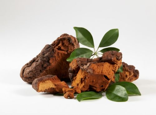 Fragmenty grzyba Chaga z zielonymi liśćmi na białym tle