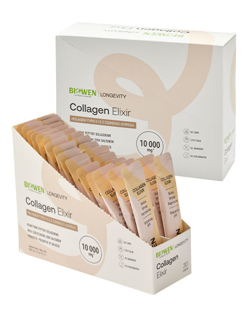 Kolagen w saszetkach Biowen Collagen Elixir 10 000 mg - pełne opakowanie produktu z wysuniętymi saszetkami