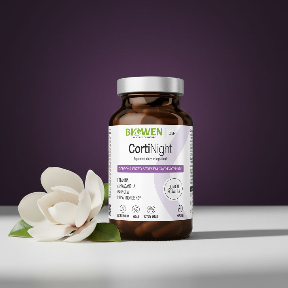 CortiNight Biowen 60 kapsułek z kwiatem magnolii i zielonymi liśćmi u podstawy