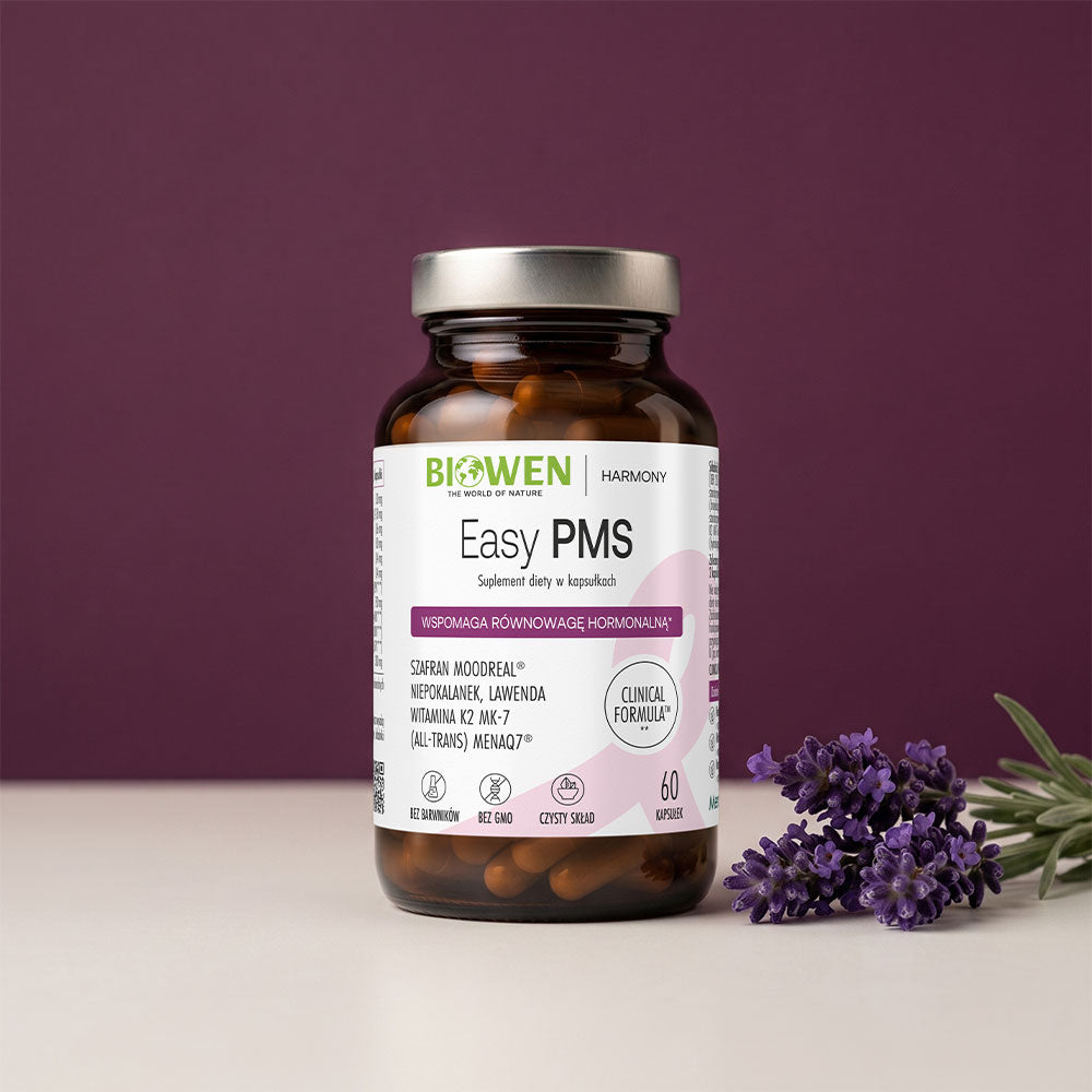 Suplement diety Easy PMS Biowen w kapsułkach – szklana butelka z etykietą na fioletowym tle z lawendą, wsparcie równowagi hormonalnej