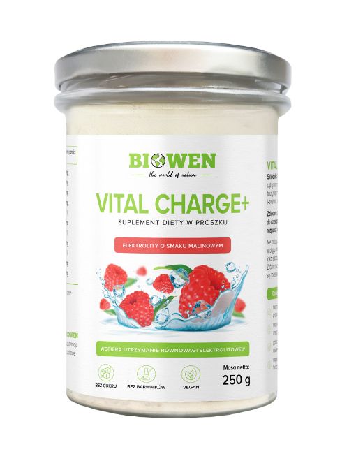 Słoik suplementu Elektrolity Vital Charge+ Biowen o smaku malinowym.